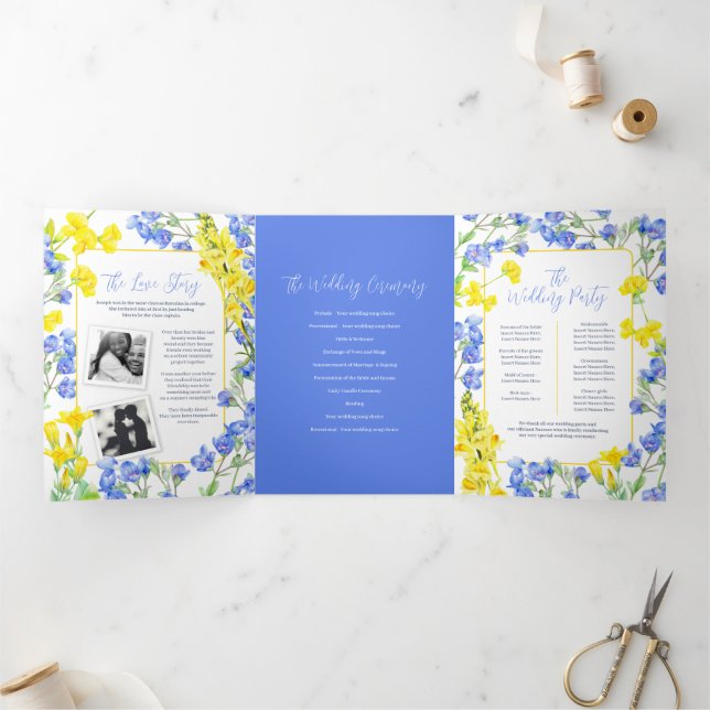 Wildflower blue yellow watercolor botanic wedding Tri-Fold program (Inside)