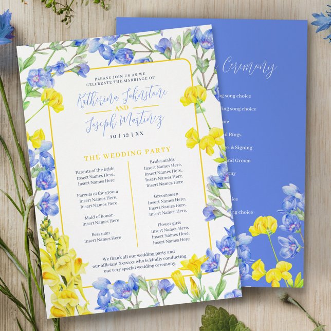 Wildflower blue yellow watercolor wedding program (Creator Uploaded)