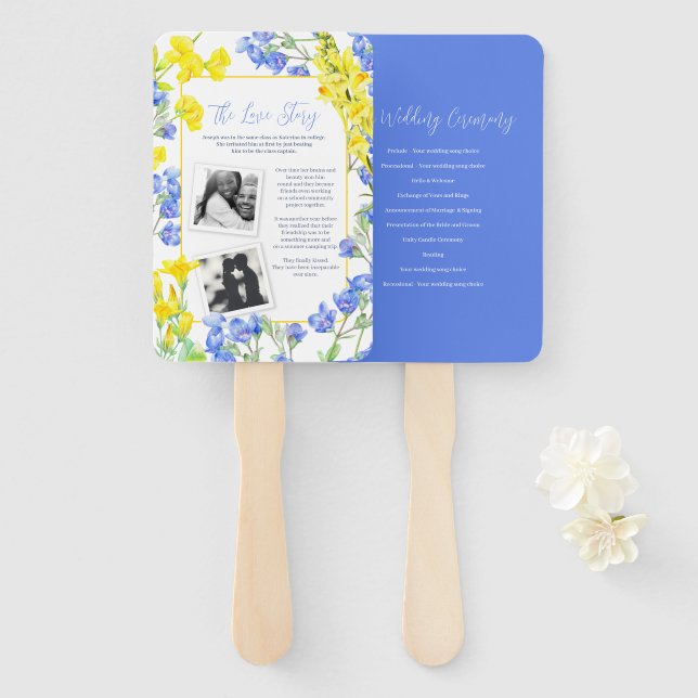 Wildflower blue yellow watercolor wedding program hand fan (Front and Back)