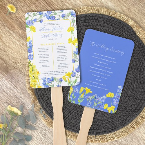 Wildflower blue yellow watercolor wedding program hand fan