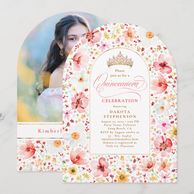 Wildflower Blush Floral Garden Quinceanera Photo Invitation (Front/Back)