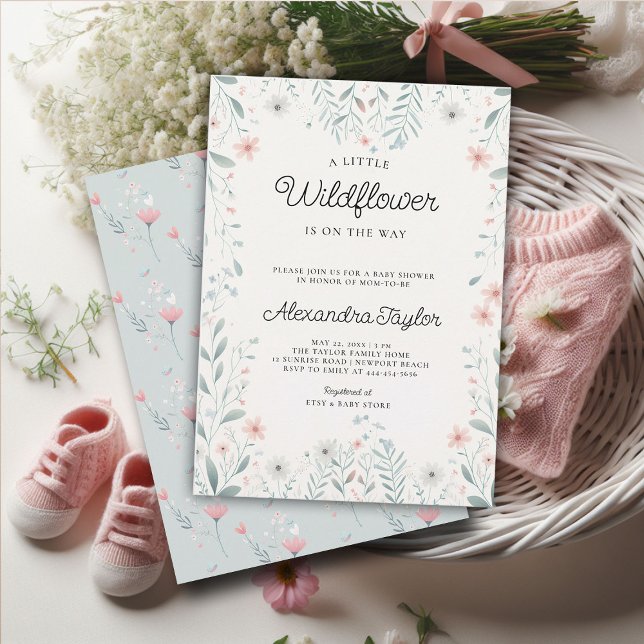 Wildflower Blush Pastel Floral Baby Girl Showe Invitation (little wildflower baby girl shower invitation cottage garden watercolor pink teal pastel cute frame)