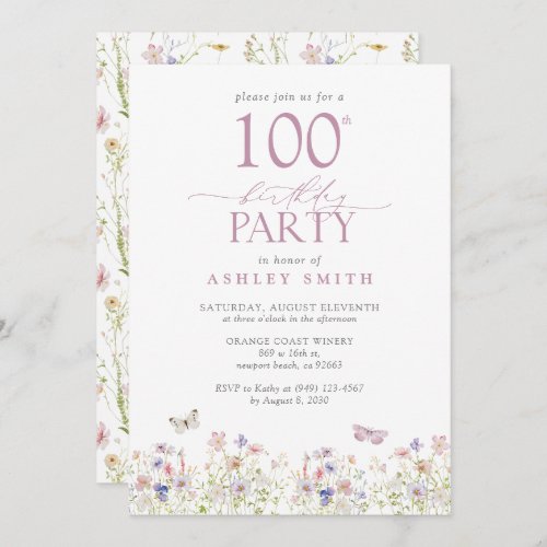 Wildflower Blush Pink 100th Birthday Party Garden Invitation