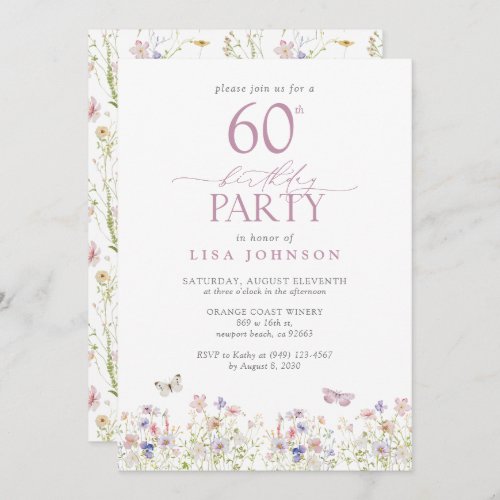 Wildflower Blush Pink 60th Birthday Party Elegant Invitation