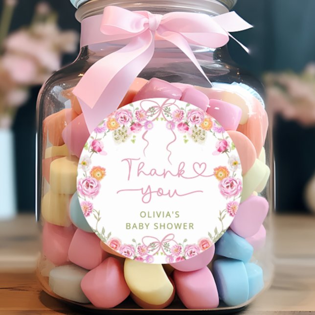 Wildflower Blush Pink Bow Baby Shower Thank You Classic Round Sticker (Creator Uploaded)