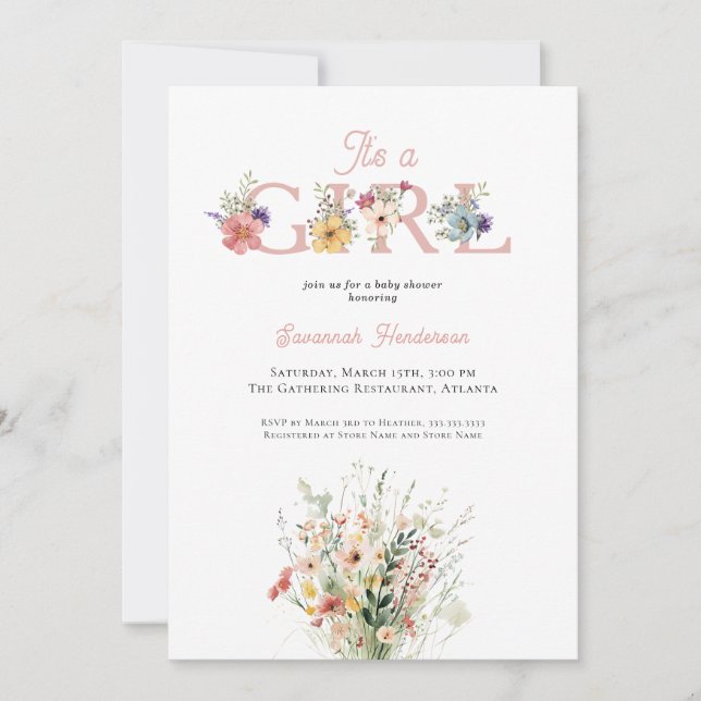 Wildflower Blush Pink It's a Girl Baby Shower Invitation (Front)