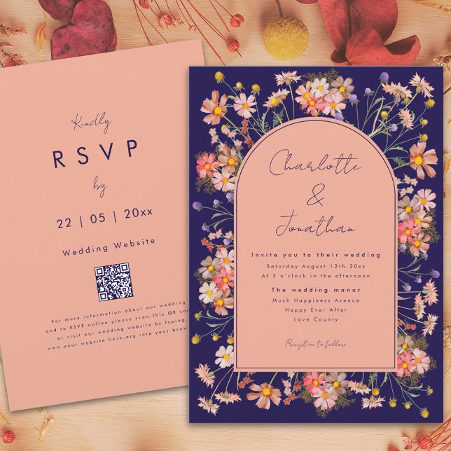 Wildflower Boho Arch Navy Blue Fall Wedding Invitation (Wildflower boho arch navy blue peach terracotta fall wedding invitation with website qr code)
