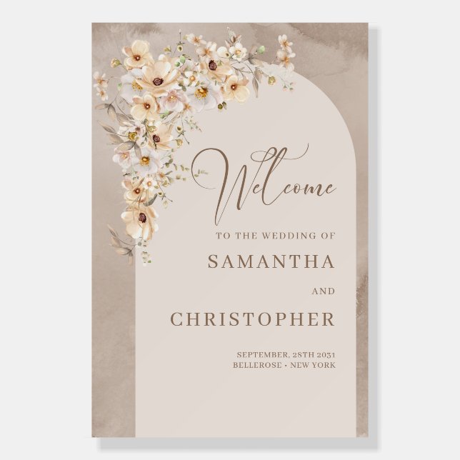 Wildflower boho arch neutral wedding welcome sign (Front)