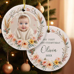 Wildflower Boho Baby First Christmas Pampas Grass  Ceramic Ornament<br><div class="desc">Capture the magic of your baby’s first holiday with this Wildflower Boho Baby First Christmas Ornament. Featuring your child’s photo framed by a delicate watercolor wreath of pampas grass, blush and peach roses, mustard wildflowers, and airy greenery, this keepsake is printed on smooth porcelain with a warm blush background. The...</div>