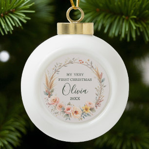 Wildflower Boho Baby First Christmas Personalize Ceramic Ball Christmas Ornament