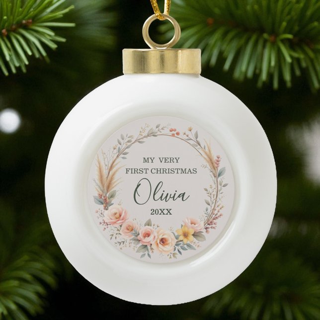 Wildflower Boho Baby First Christmas Personalize Ceramic Ball Christmas Ornament (Creator Uploaded)