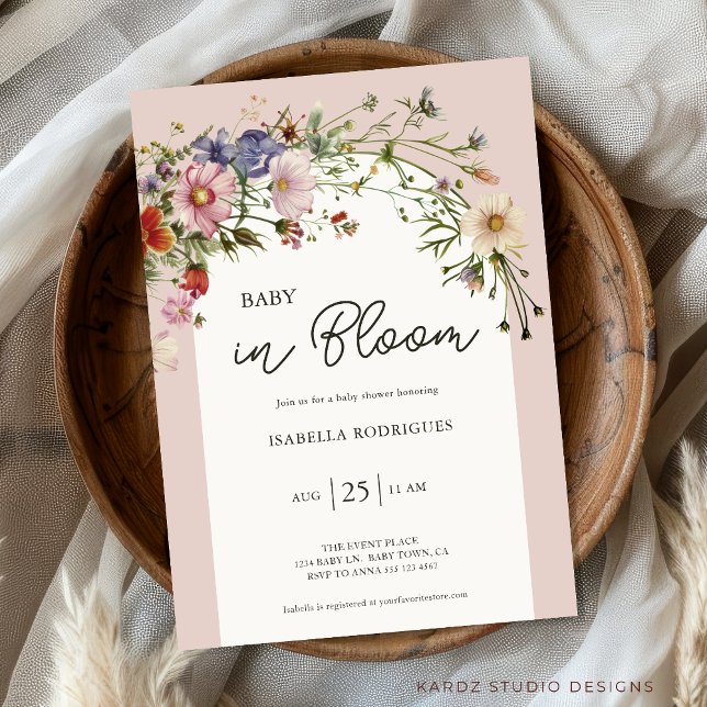 Wildflower Boho Baby in Bloom Baby Shower Invitation (Personalize this elegant chic Baby in Bloom Baby Girl Shower Invitation in wildflower themed shower.)