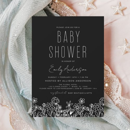 Wildflower Black Floral or wildflower baby shower invitation