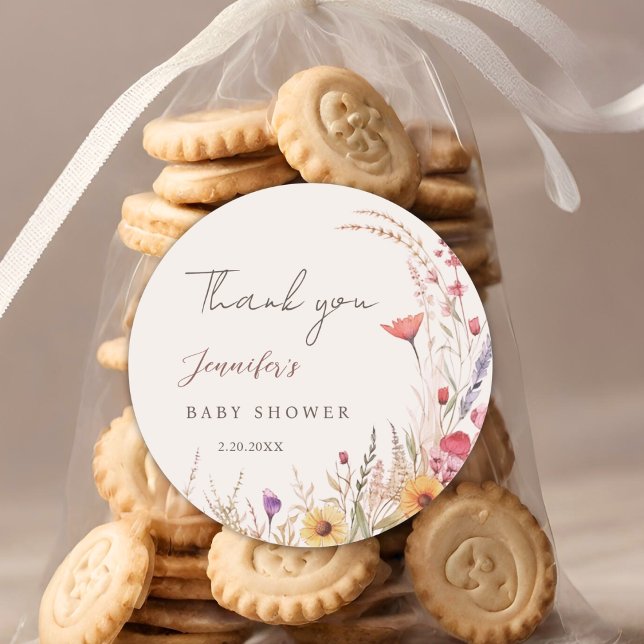 Wildflower Boho Baby Shower Favor Classic Round Sticker (Creator Uploaded)