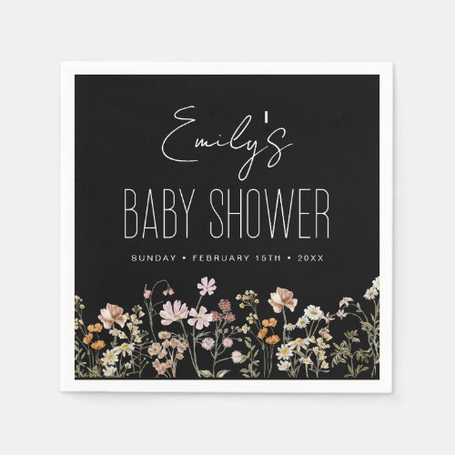 Wildflower Boho Baby Shower In Bloom Black Napkins