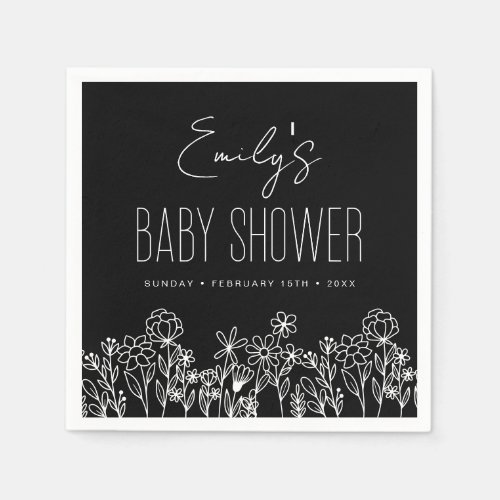 Wildflower Boho Baby Shower in Bloom Black Napkins by Pretty Girly Designs