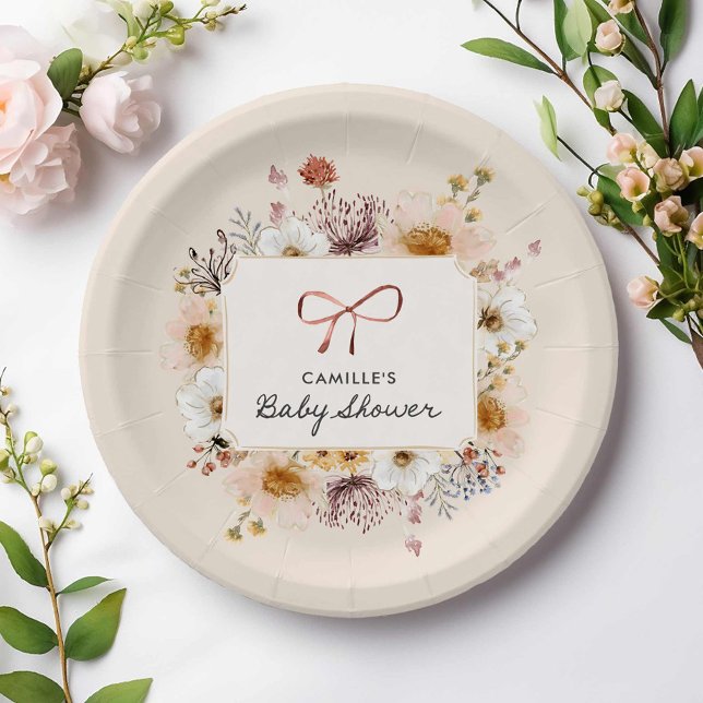 Wildflower Boho Baby Shower Paper Plates (Rustic boho floral baby shower paper plates)