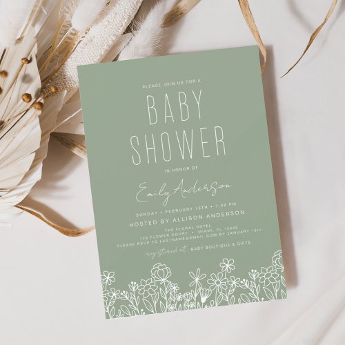 Wildflower Boho Baby Shower Sage Green Modern Invitation
