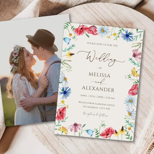 Wildflower boho beige photo Wedding Invitation