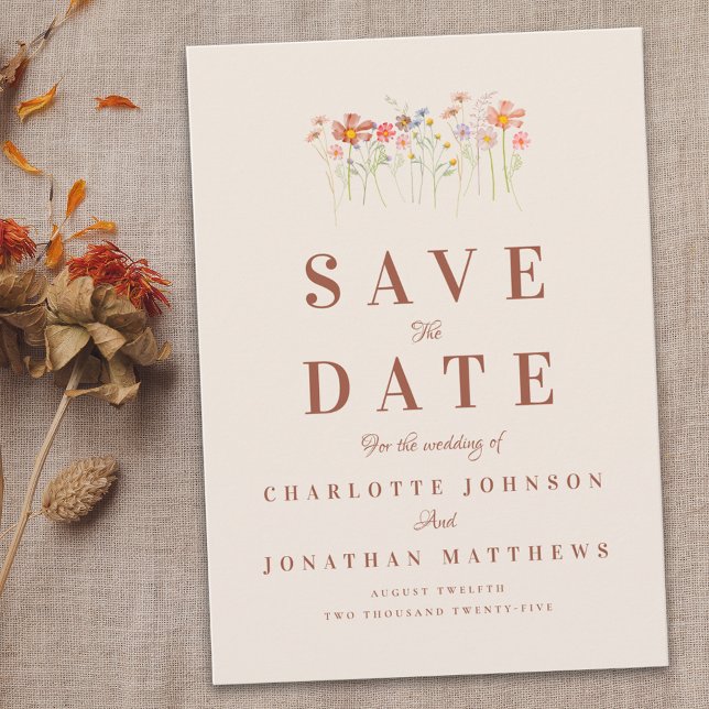 Wildflower Boho Beige Terracotta Rust Wedding Save The Date (Elegant boho Wildflower meadow beige Wedding save the date card)