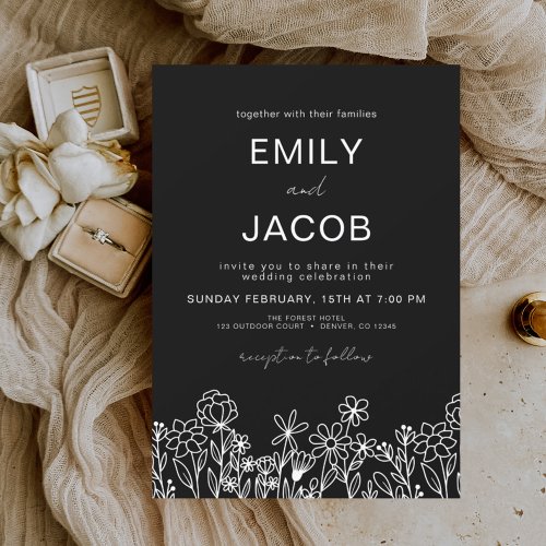 Wildflower Boho Black Botanical Wedding Invitation