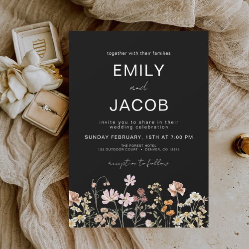 Wildflower  Boho Black Botanical Wedding Invitation