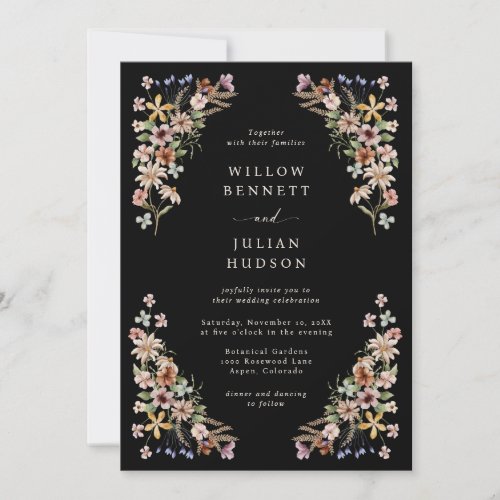 Wildflower Boho Black Wedding Invitation