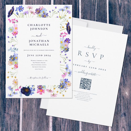 Wildflower Boho Blue QR Code Wedding Invitation