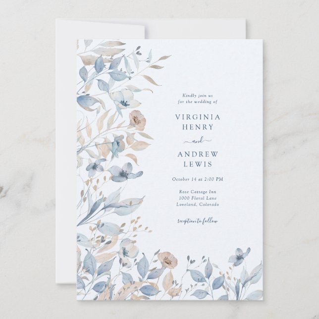 Wildflower Boho Blue Wedding Invitation (Front)