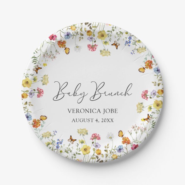 Wildflower Boho Botanical Baby Brunch Shower Paper Plates (Front)
