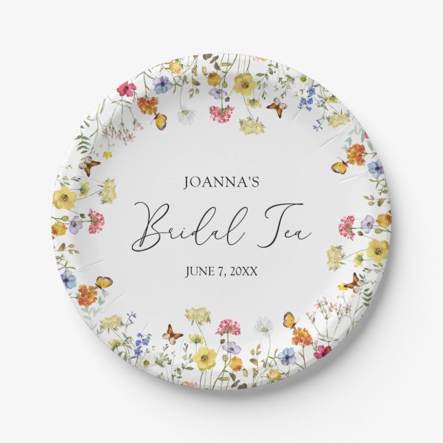 Wildflower Boho Botanical Bridal Shower Tea Paper Plates (Front)