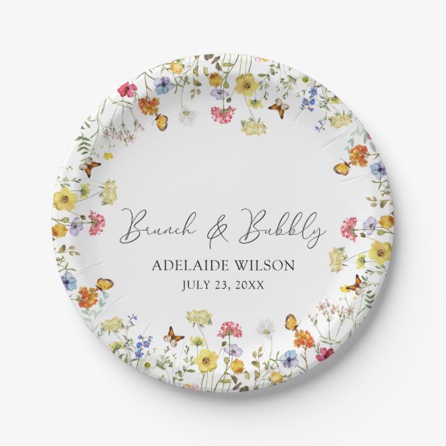 Wildflower Boho Botanical Brunch & Bubbly Shower Paper Plates (Front)