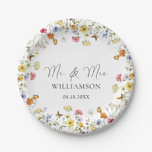 Wildflower Boho Botanical Mr  Mrs Wedding Paper Plates