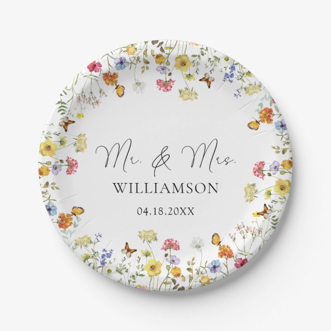 Wildflower Boho Botanical Mr. & Mrs. Wedding Paper Plates (Front)