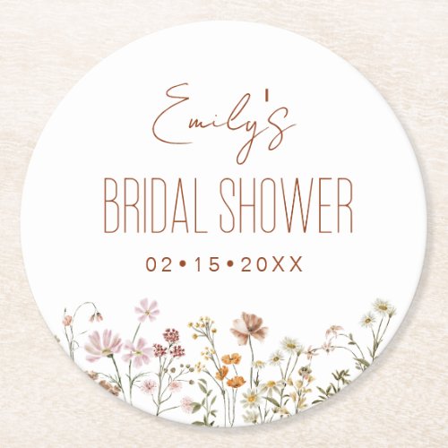 Wildflower Boho Bridal Shower In Bloom Garden Round Paper Coaster