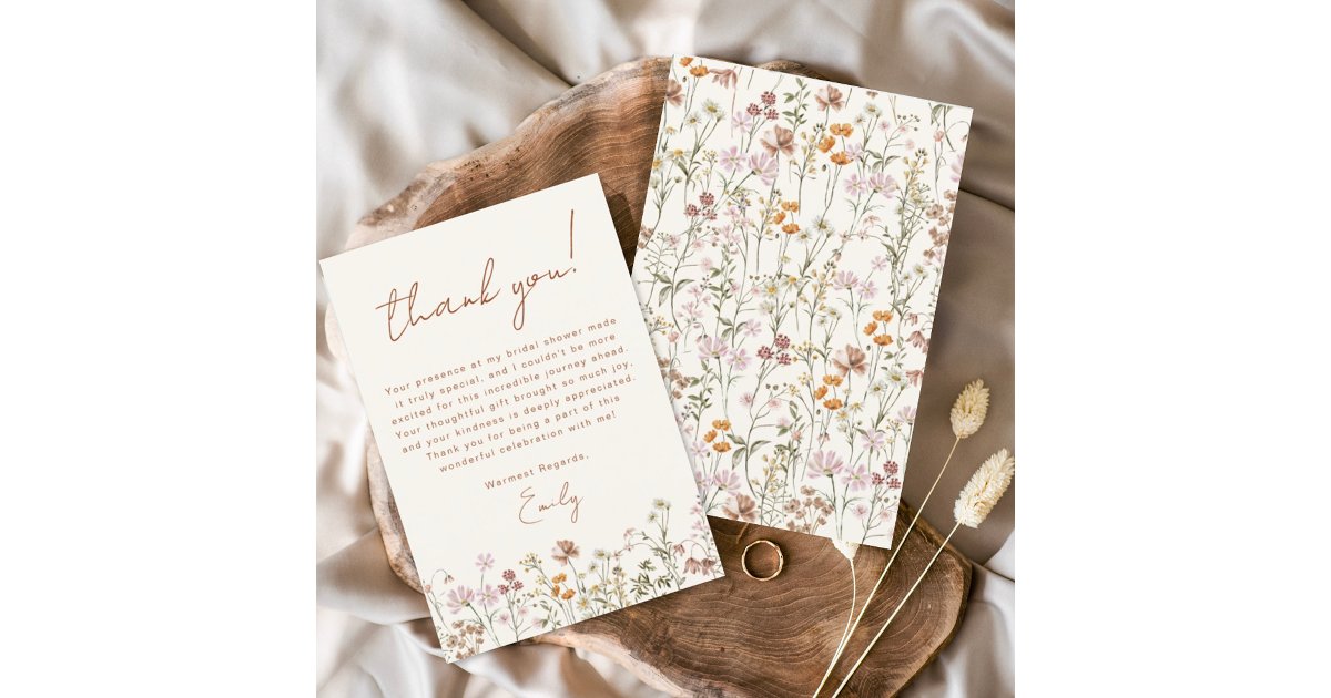Wildflower Boho Bridal Shower Thank You Card | Zazzle