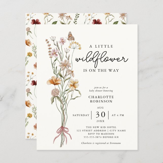 Wildflower Boho Budget Baby Shower Invitation (Front/Back)