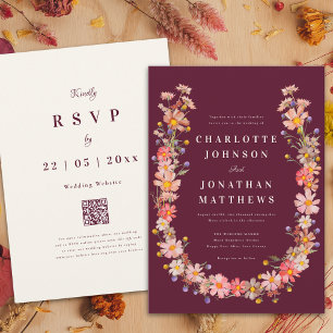 Wildflower Boho Burgundy Fall Wedding Invitation