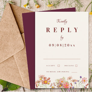 Wildflower Boho Burgundy Fall Wedding Reply RSVP Card