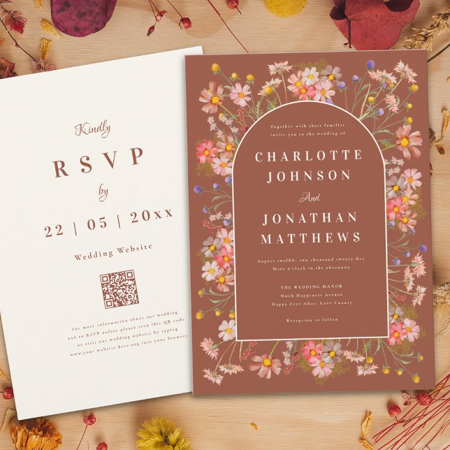 Wildflower Boho Chic Arch Terracotta Fall Wedding Invitation (Boho chic wildflower arch terracotta burnt orange beige fall wedding invitation )