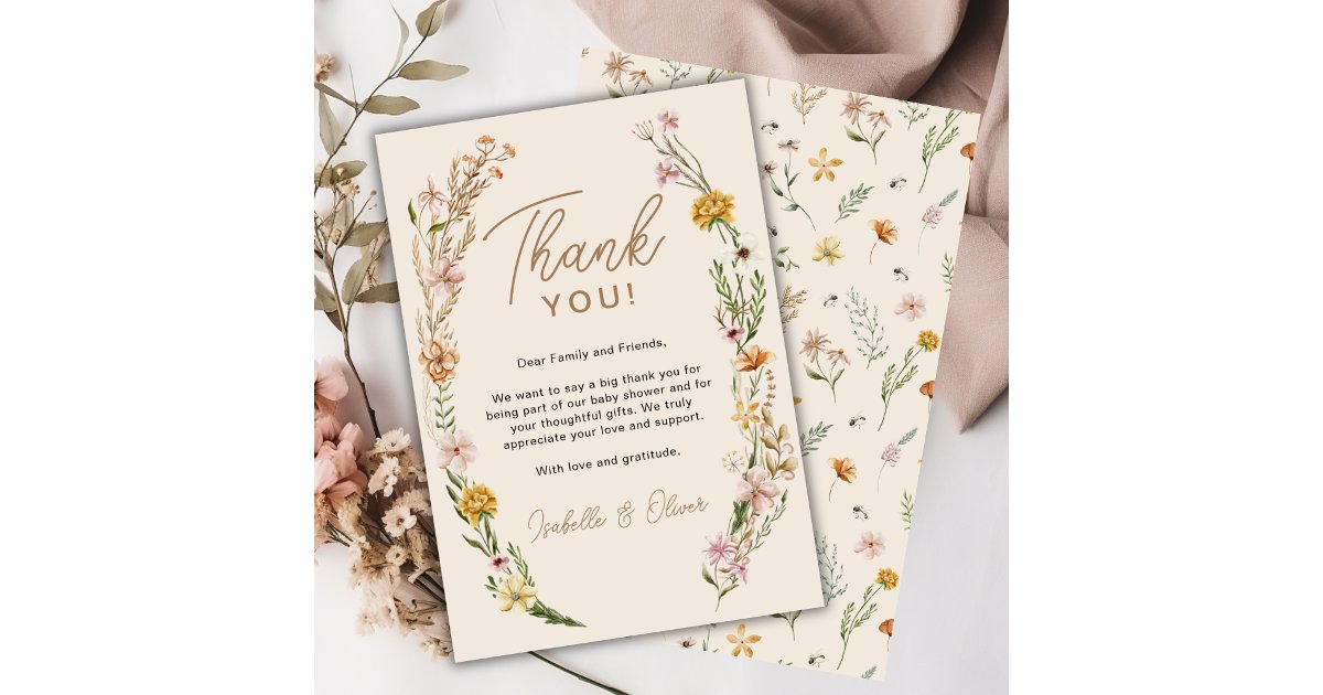 Wildflower Boho Chic Baby Shower Thank You Card | Zazzle