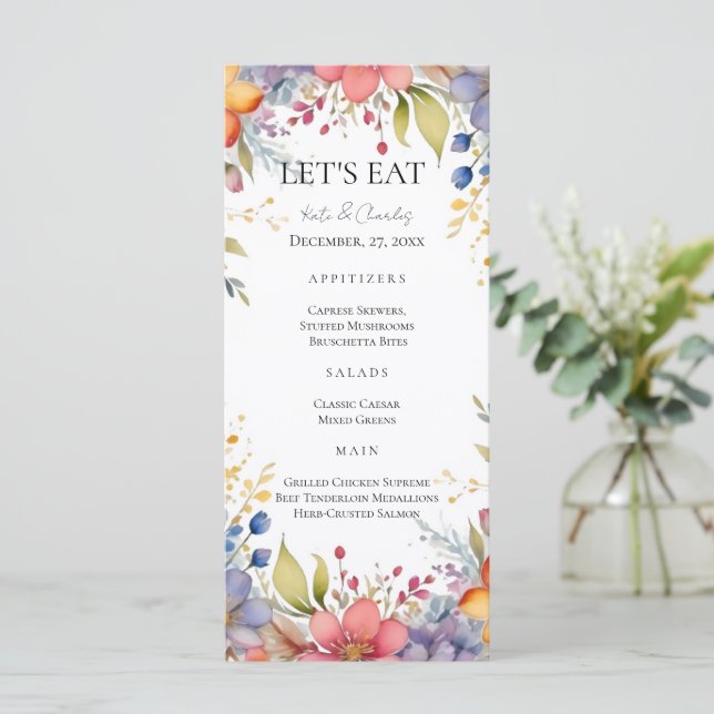 Wildflower boho Chic Floral Wreath wedding menu (Standing Front)