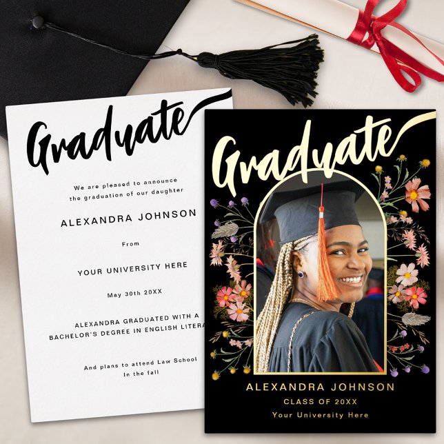 Wildflower Boho Chic Graduate Photo Script Gold Foil Invitation (Boho floral graduate photo arch elegant gold foil script black graduation announcement card)