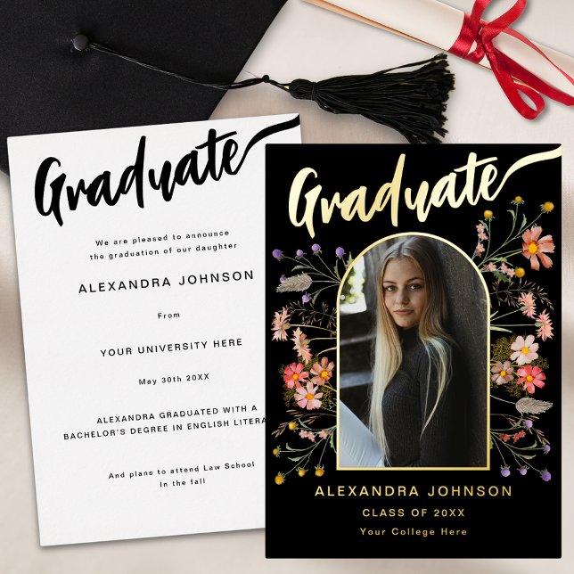 Wildflower Boho Chic Graduate Photo Script Gold Foil Invitation (Boho floral arch graduate photo stylish gold foil calligraphy  black graduation announcement card)