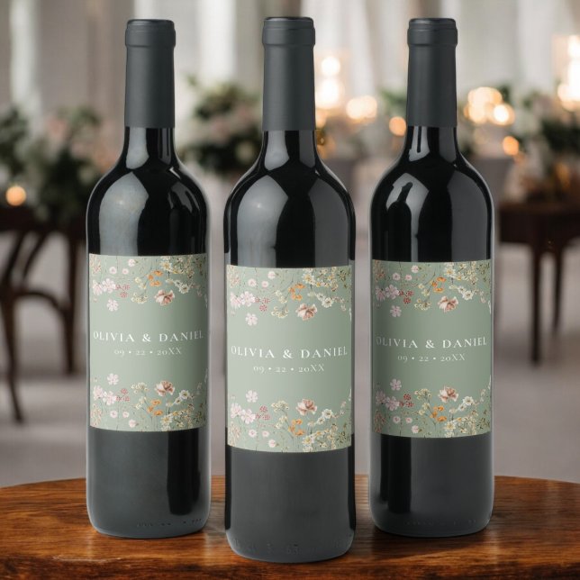 Wildflower Boho Chic Sage Green Wedding  Wine Label (Creator Uploaded)