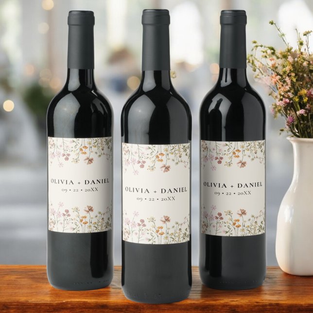 Wildflower Boho Chic Terracotta Neutral Wedding  Wine Label (Creator Uploaded)