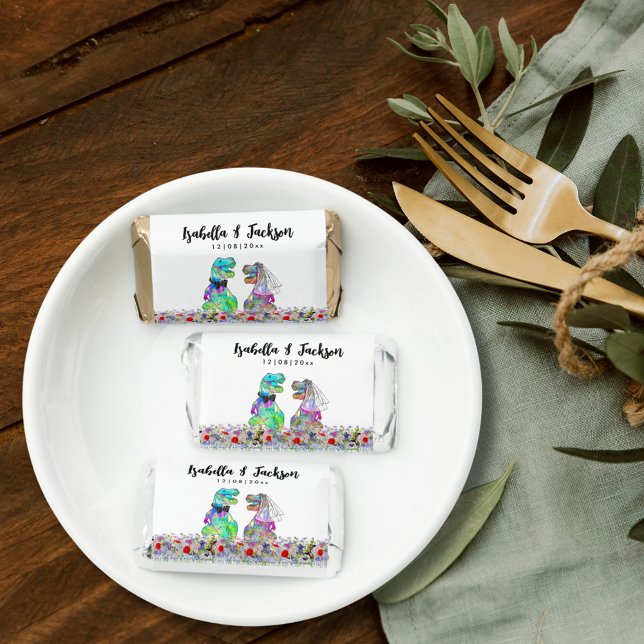 Wildflower Boho Dinosaur Wedding Custom Hershey's Miniatures (Boho wildflower dinosaur wedding favor with funny T-Rex bride and groom and custom names and date)