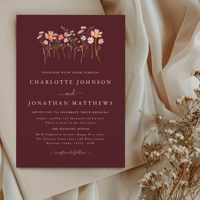 Wildflower Boho Fall Burgundy Blush Pink Wedding Invitation (Elegant watercolor wildflower meadow burgundy blush pink wedding invitation)