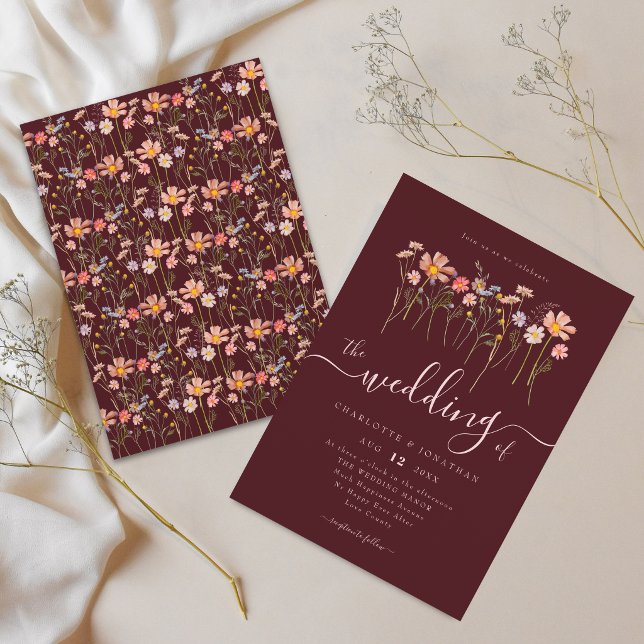 Wildflower Boho Fall Burgundy & Blush Pink Wedding Invitation (Elegant watercolor wildflower meadow burgundy blush pink wedding invitation)