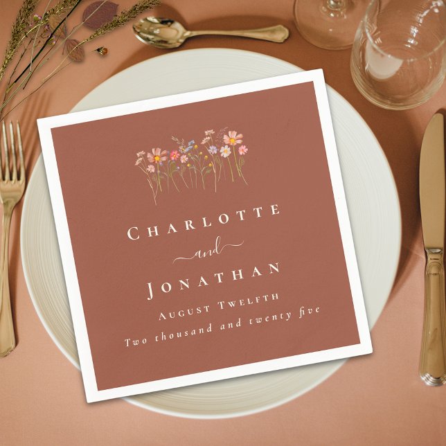 Wildflower Boho Fall Floral Custom Wedding Napkins (Elegant modern Wildflower boho fall floral terracotta Wedding custom napkin)